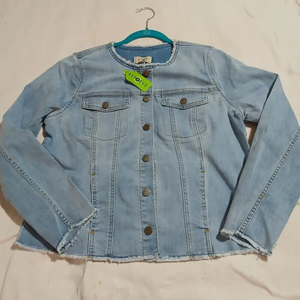 NWOT  LOGO stretch denim light wash raw edge hem/sleeve snap front jacket sz 10